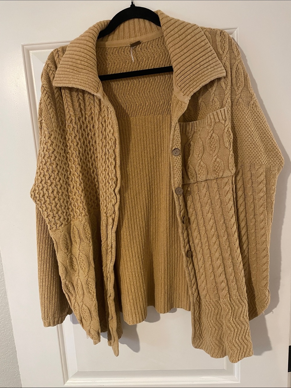 Free People Camel Cable Knit Button-Up Cardigan